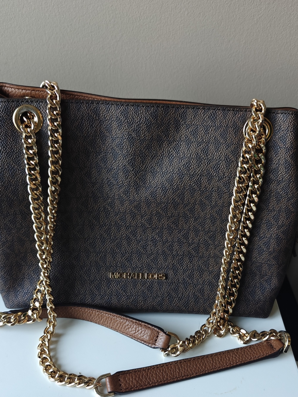 Michael Kors Dark Brown Signature Chain Shoulder Bag with Gold Hardware